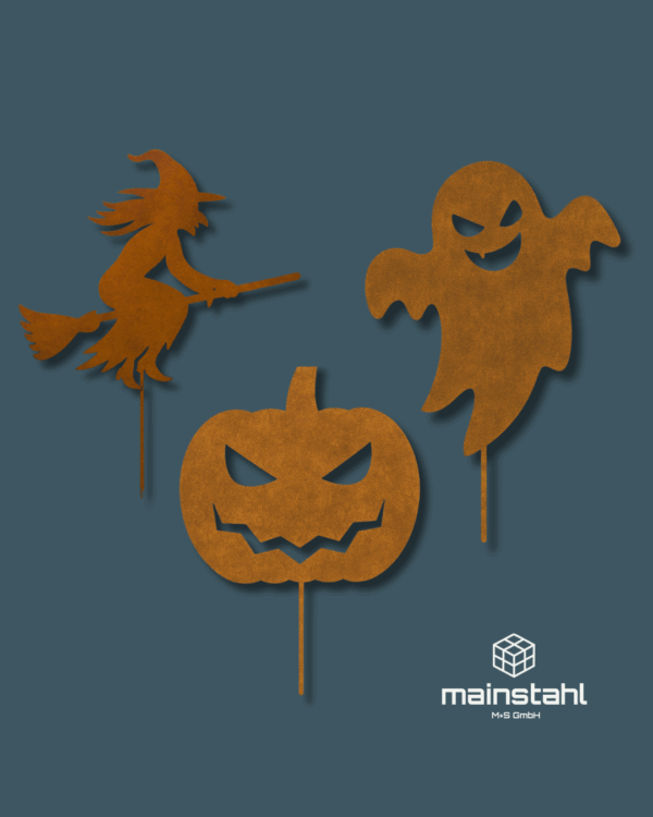 Halloween Deko Set Garten – Hexe, Geist & Kürbis aus Stahl (3er-Bundle, Rost/Edelstahl)