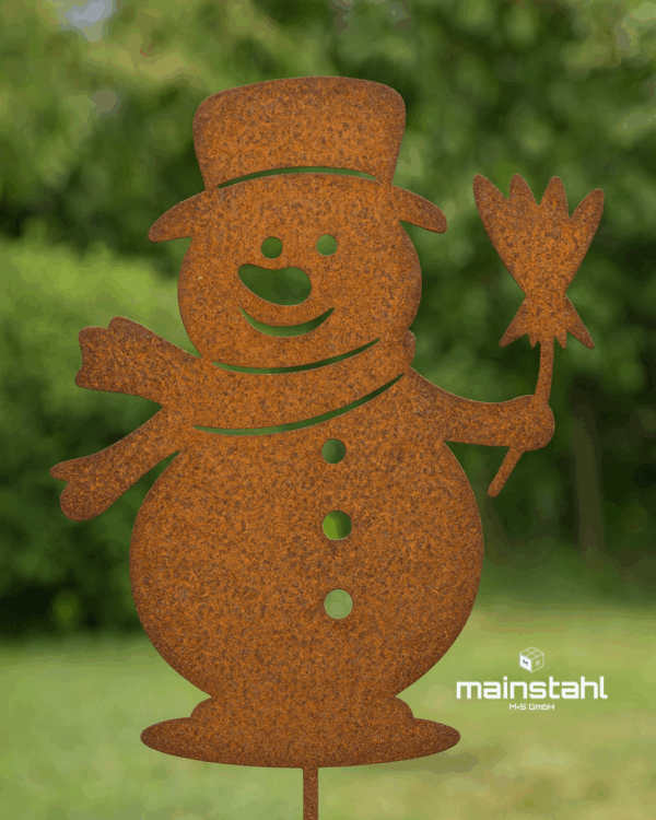 Schneemann Gartenstecker – Einzigartige Stahldeko & Zaunmotiv (2 Varianten Rost/Edelstahl) – Bild 3